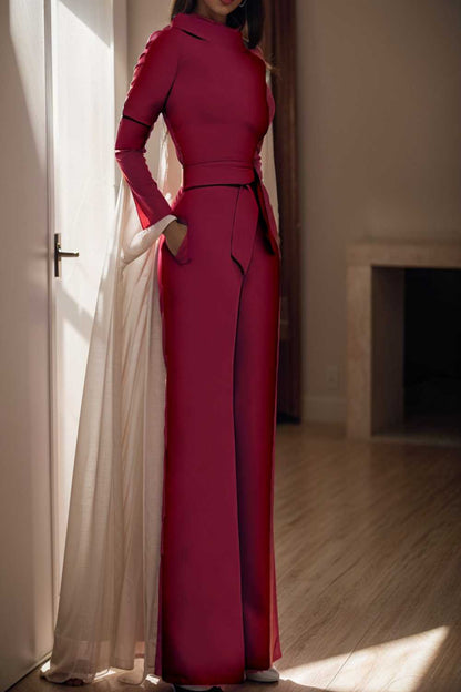 solid five point sleeve belted wide leg jumpsuit 105216