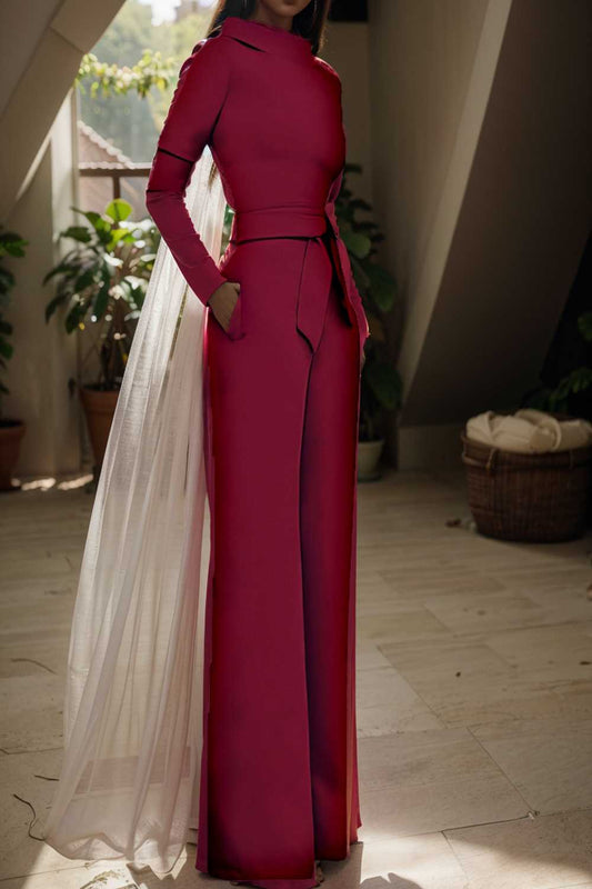 solid five point sleeve belted wide leg jumpsuit 105215