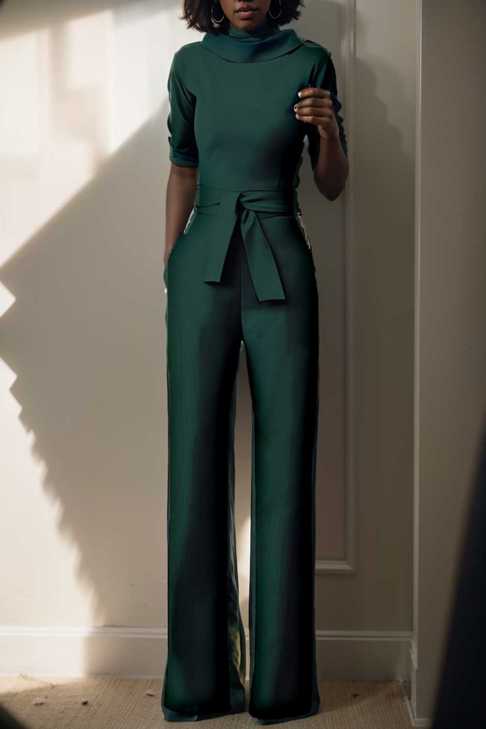solid five point sleeve belted wide leg jumpsuit 108422