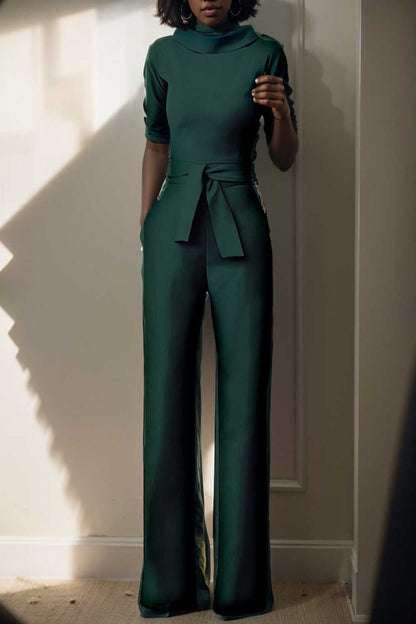 solid five point sleeve belted wide leg jumpsuit 108422