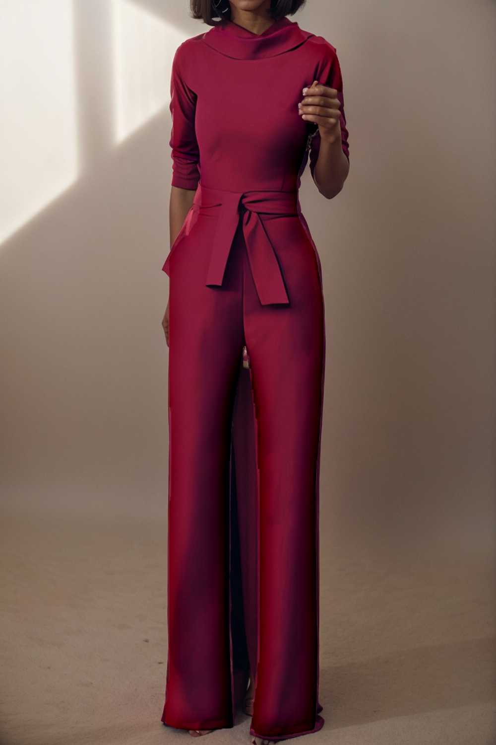 solid five point sleeve belted wide leg jumpsuit 108421