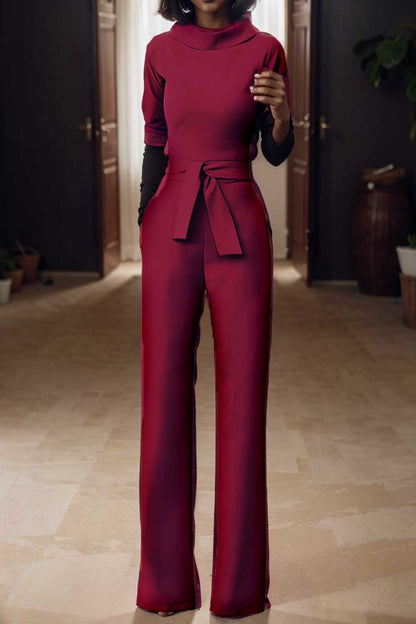 solid five point sleeve belted wide leg jumpsuit 108112