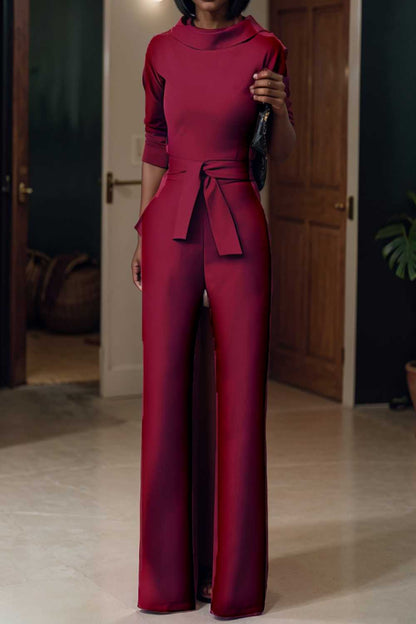 solid five point sleeve belted wide leg jumpsuit 108111