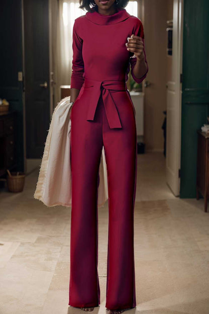 solid five point sleeve belted wide leg jumpsuit 108110