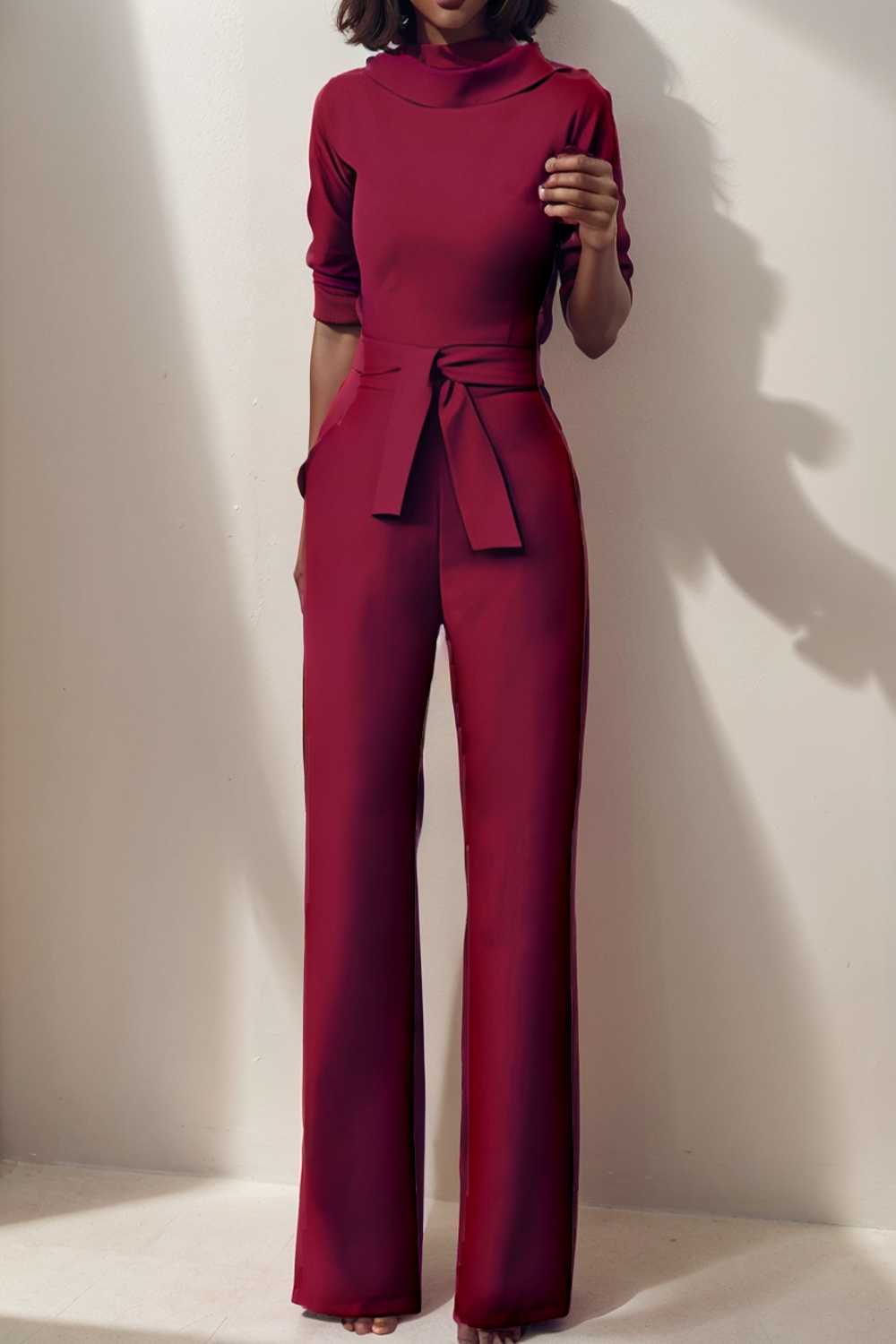 solid five point sleeve belted wide leg jumpsuit 108109