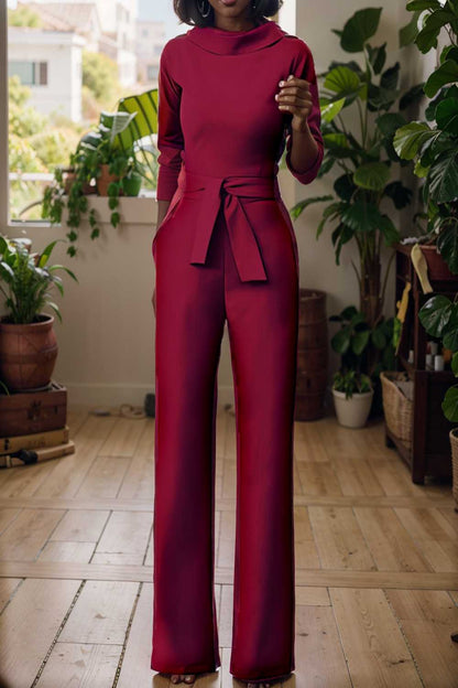solid five point sleeve belted wide leg jumpsuit 108108