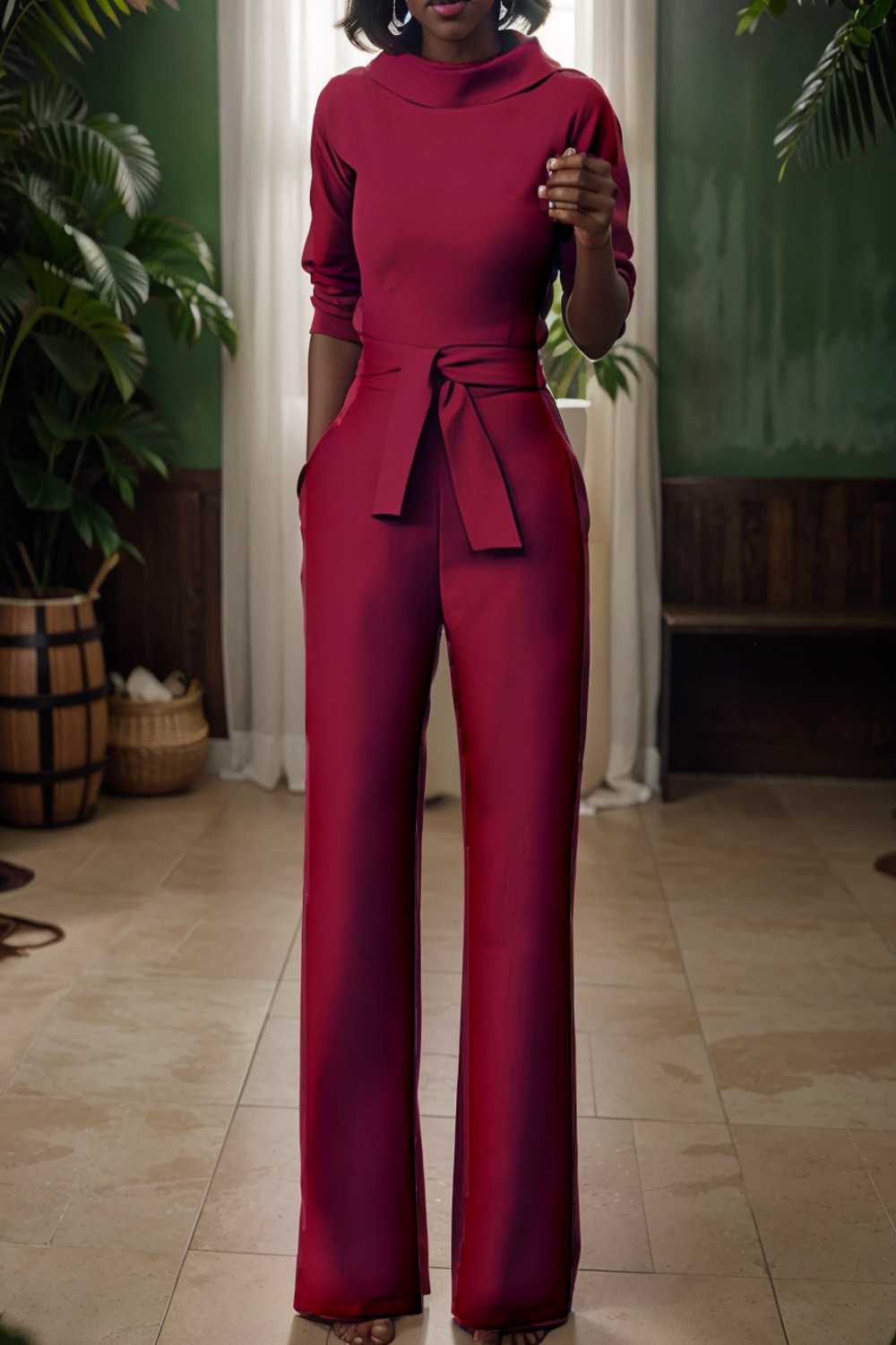 solid five point sleeve belted wide leg jumpsuit 108107