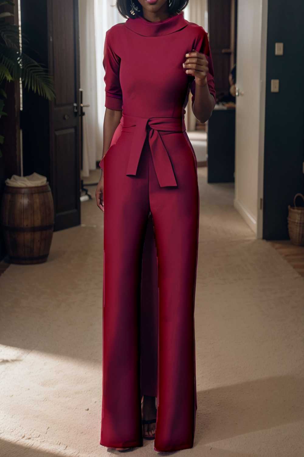 solid five point sleeve belted wide leg jumpsuit 108105
