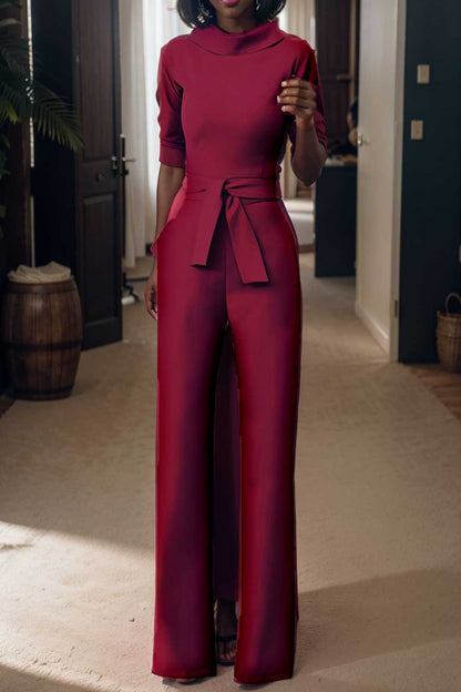 solid five point sleeve belted wide leg jumpsuit 108105