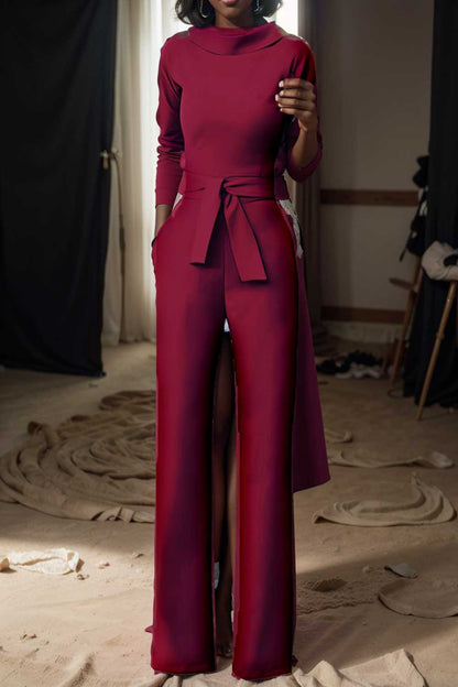 solid five point sleeve belted wide leg jumpsuit 108104