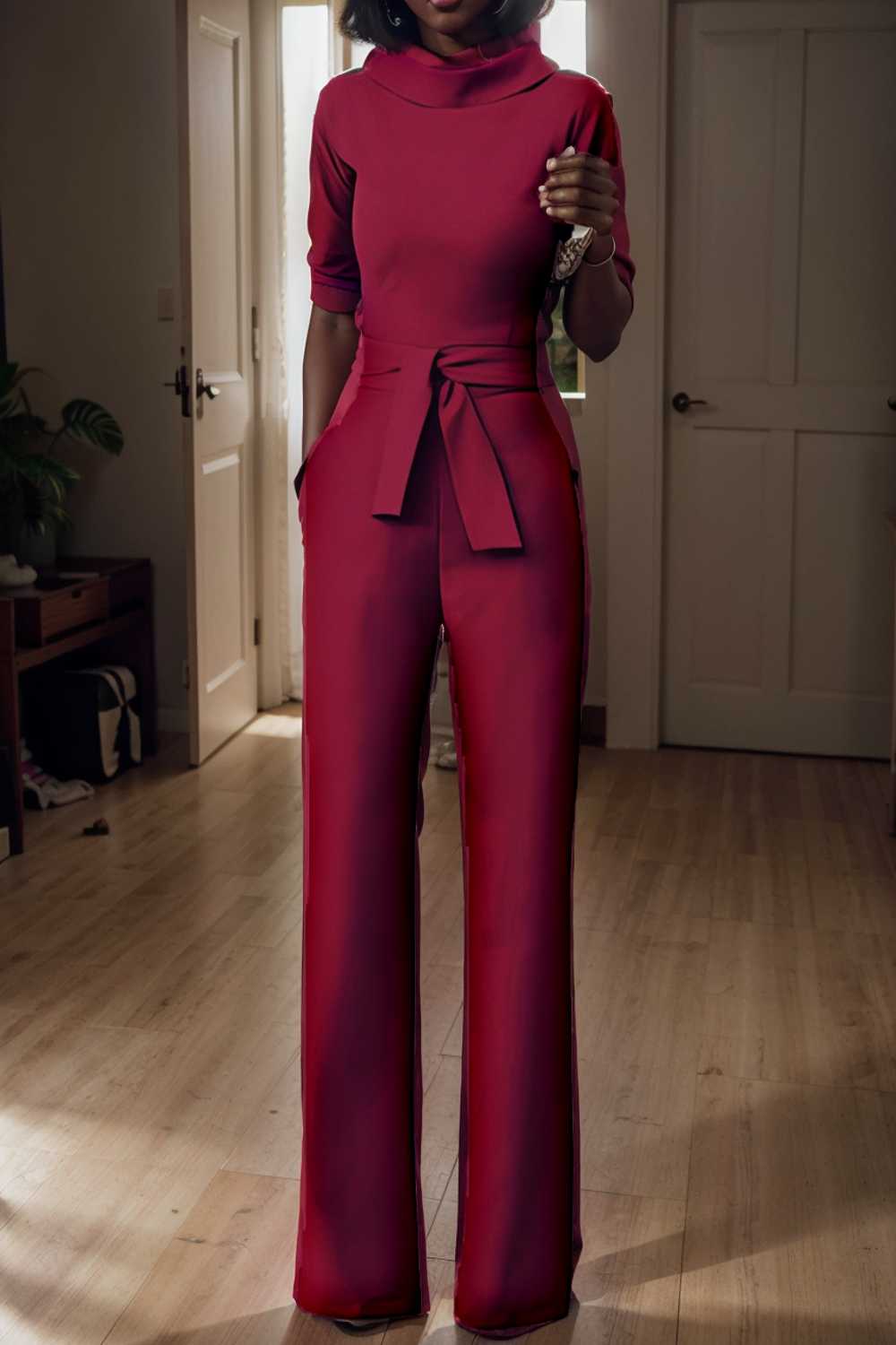 solid five point sleeve belted wide leg jumpsuit 108102