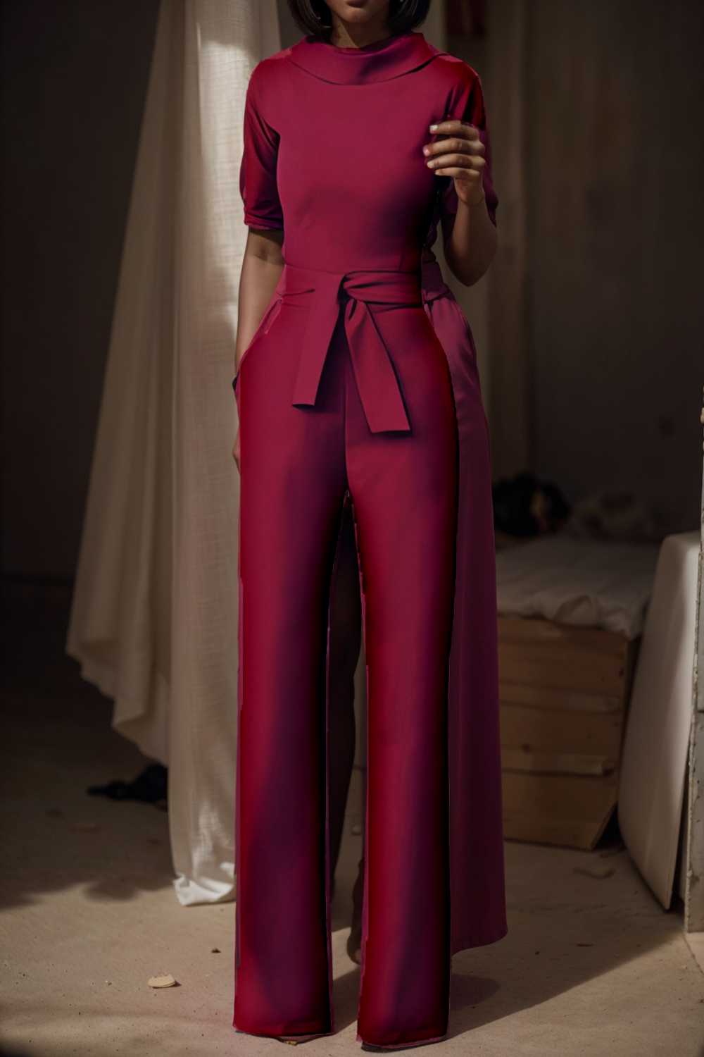 solid five point sleeve belted wide leg jumpsuit 108101