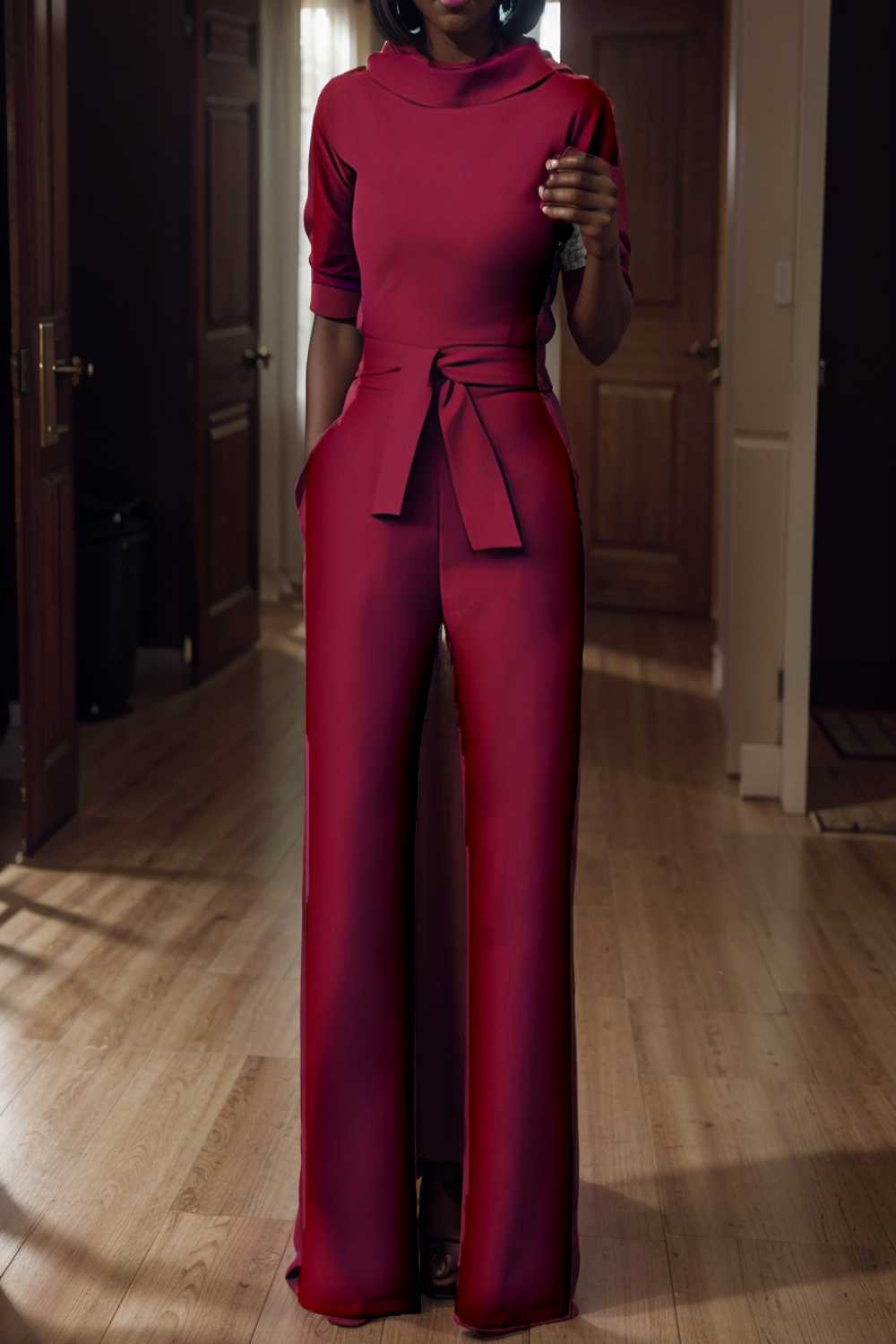 solid five point sleeve belted wide leg jumpsuit 108098