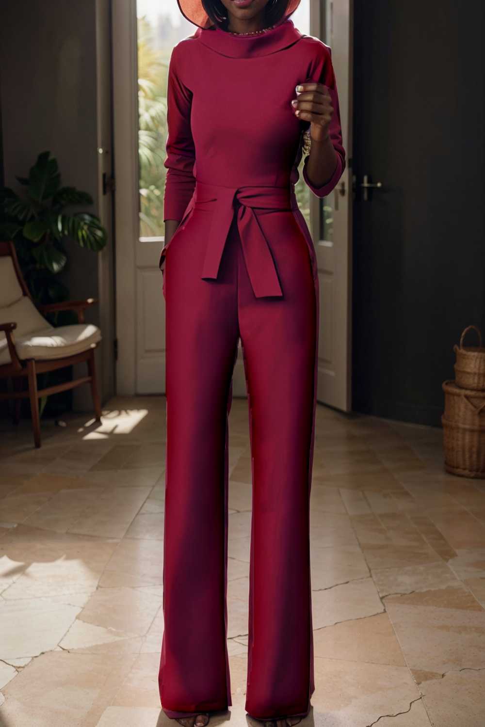 solid five point sleeve belted wide leg jumpsuit 108097