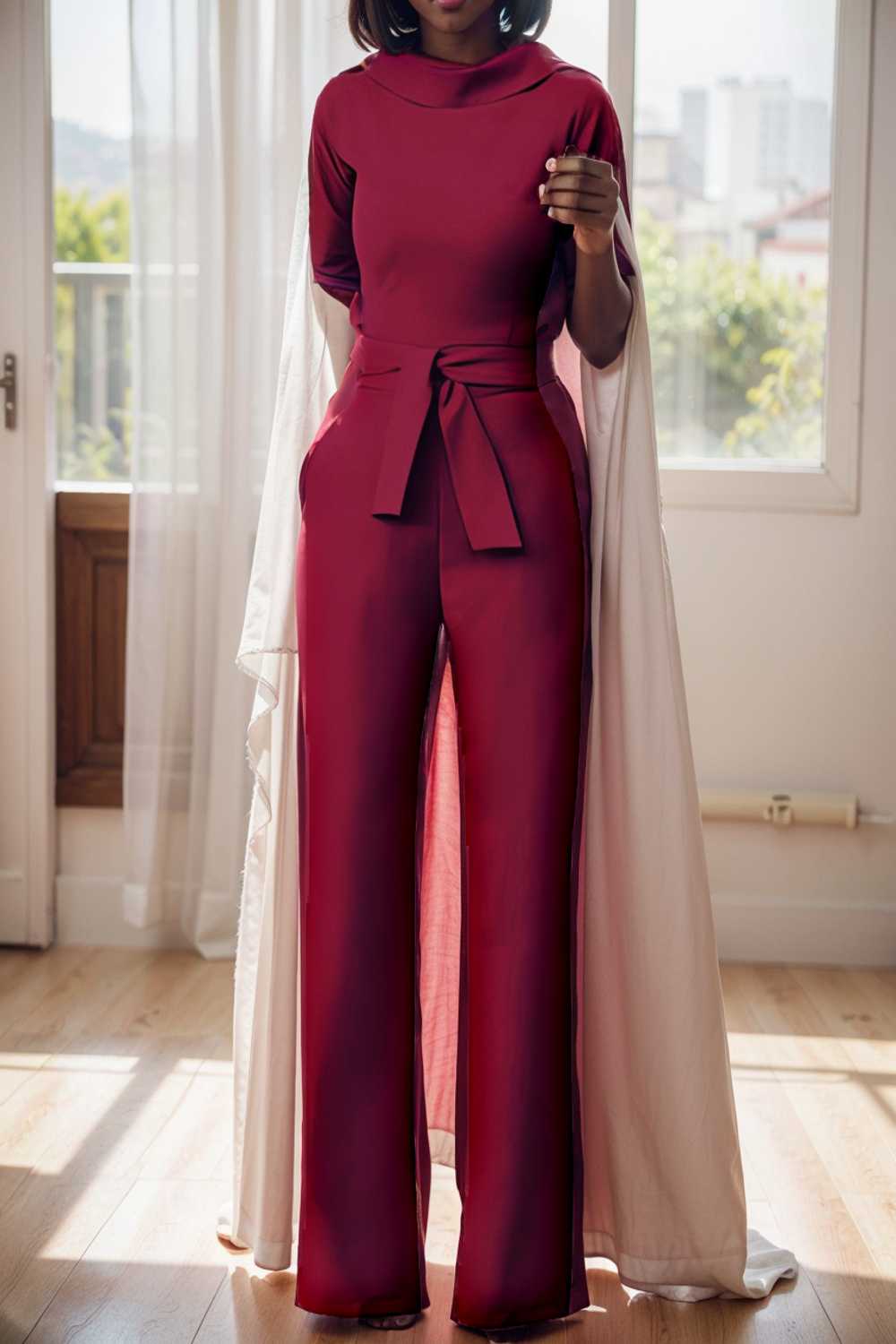 solid five point sleeve belted wide leg jumpsuit 108096