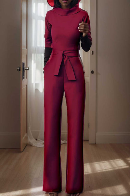 solid five point sleeve belted wide leg jumpsuit 108095