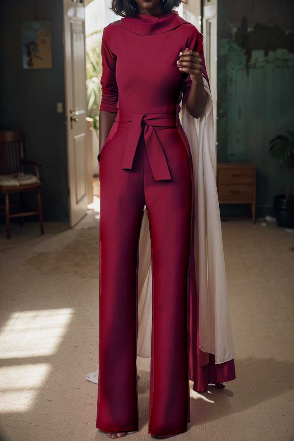 solid five point sleeve belted wide leg jumpsuit 108094