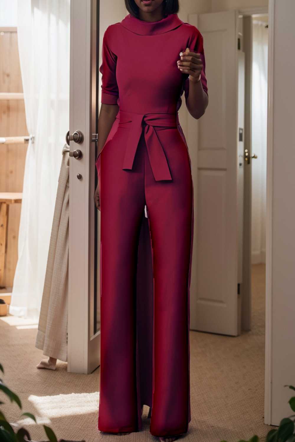 solid five point sleeve belted wide leg jumpsuit 108093