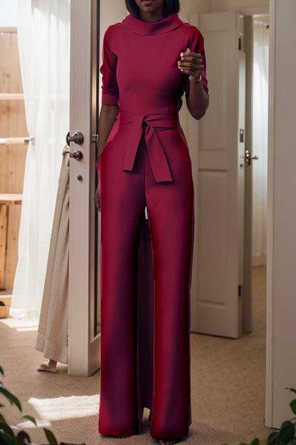 solid five point sleeve belted wide leg jumpsuit 108093