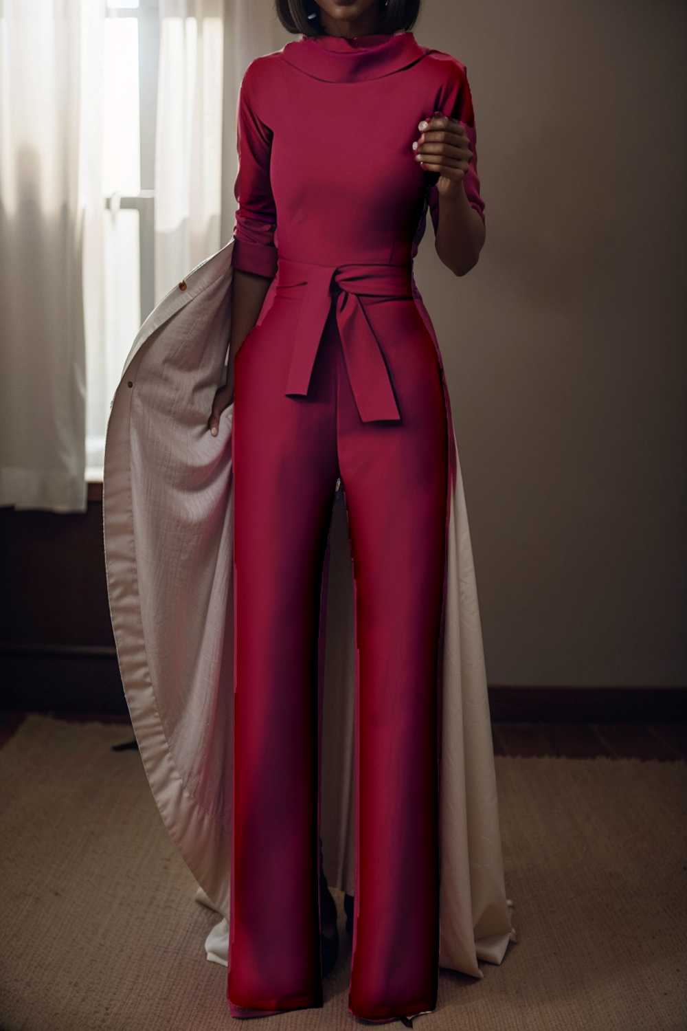solid five point sleeve belted wide leg jumpsuit 108092