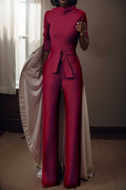 solid five point sleeve belted wide leg jumpsuit 108092