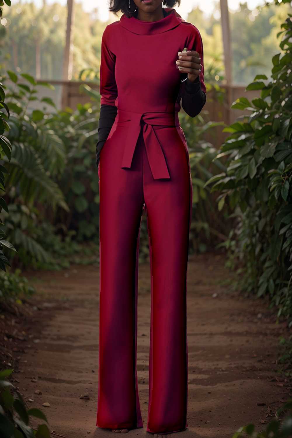 solid five point sleeve belted wide leg jumpsuit 108091
