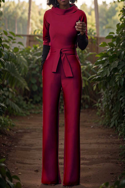 solid five point sleeve belted wide leg jumpsuit 108091