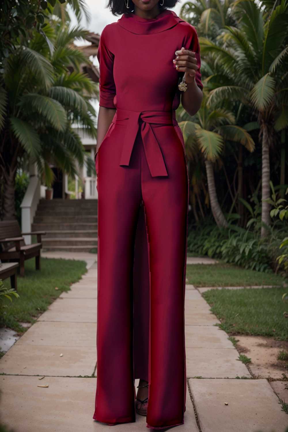 solid five point sleeve belted wide leg jumpsuit 108090