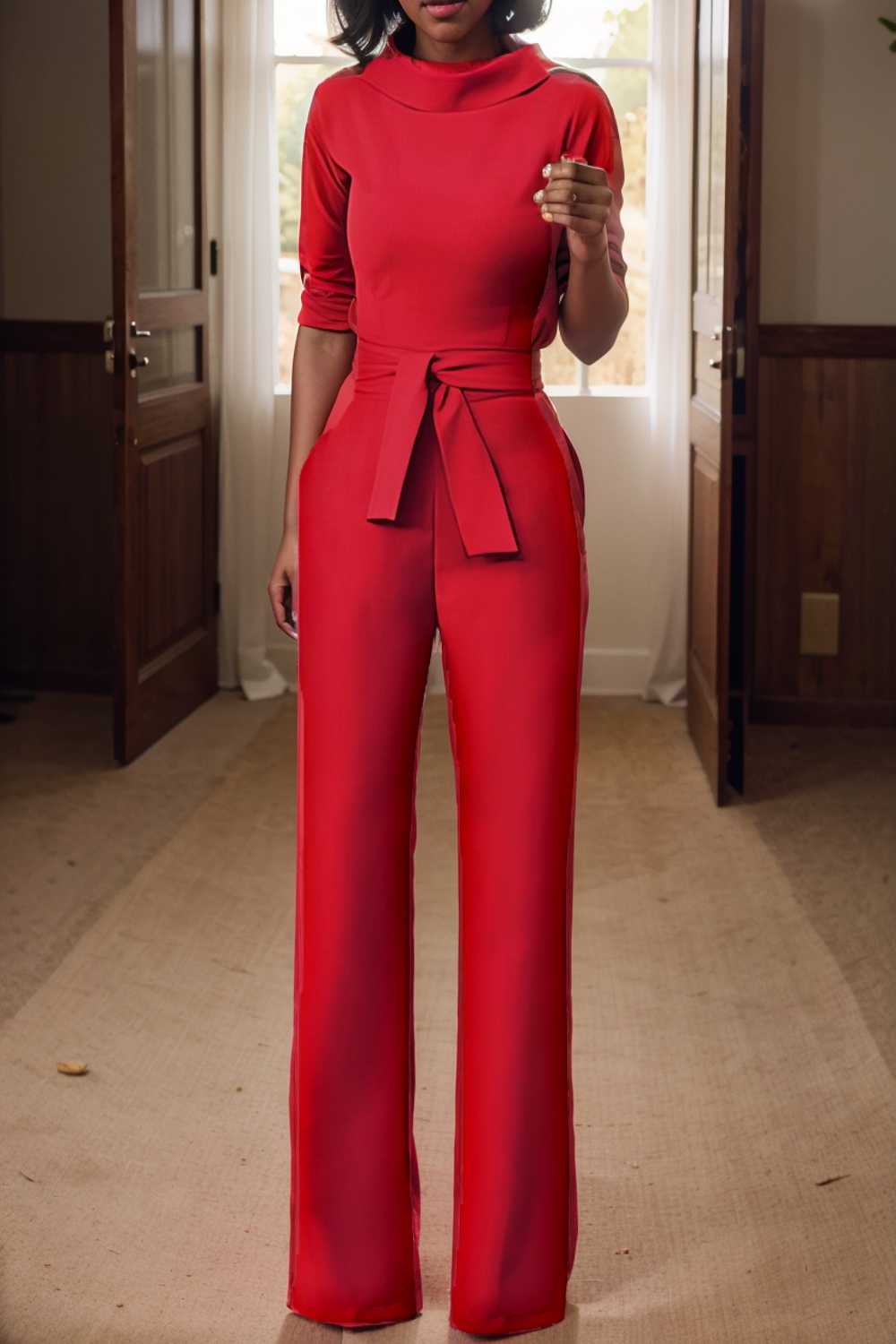 solid five point sleeve belted wide leg jumpsuit 108419