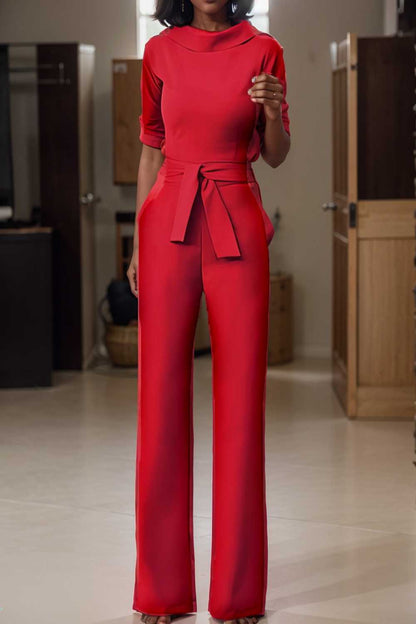 solid five point sleeve belted wide leg jumpsuit 108089