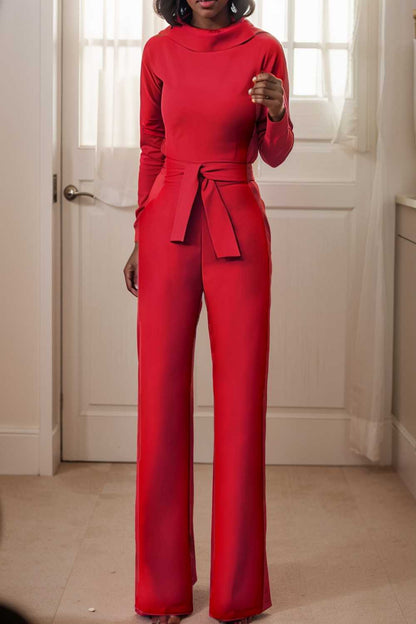 solid five point sleeve belted wide leg jumpsuit 108088