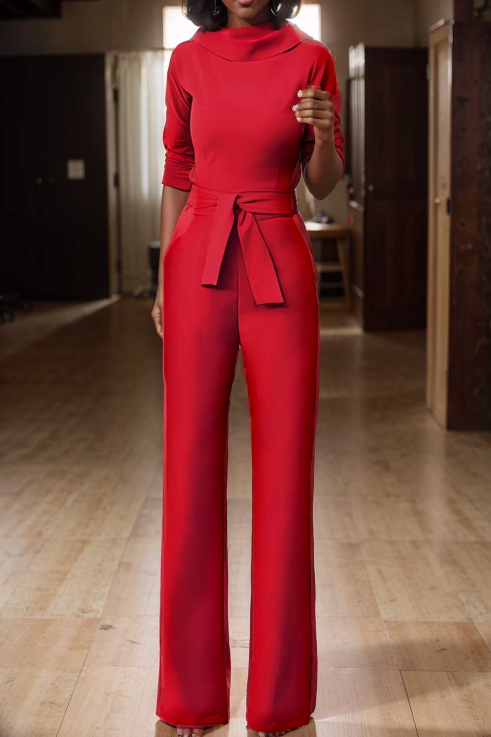 solid five point sleeve belted wide leg jumpsuit 108087