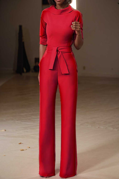 solid five point sleeve belted wide leg jumpsuit 108086