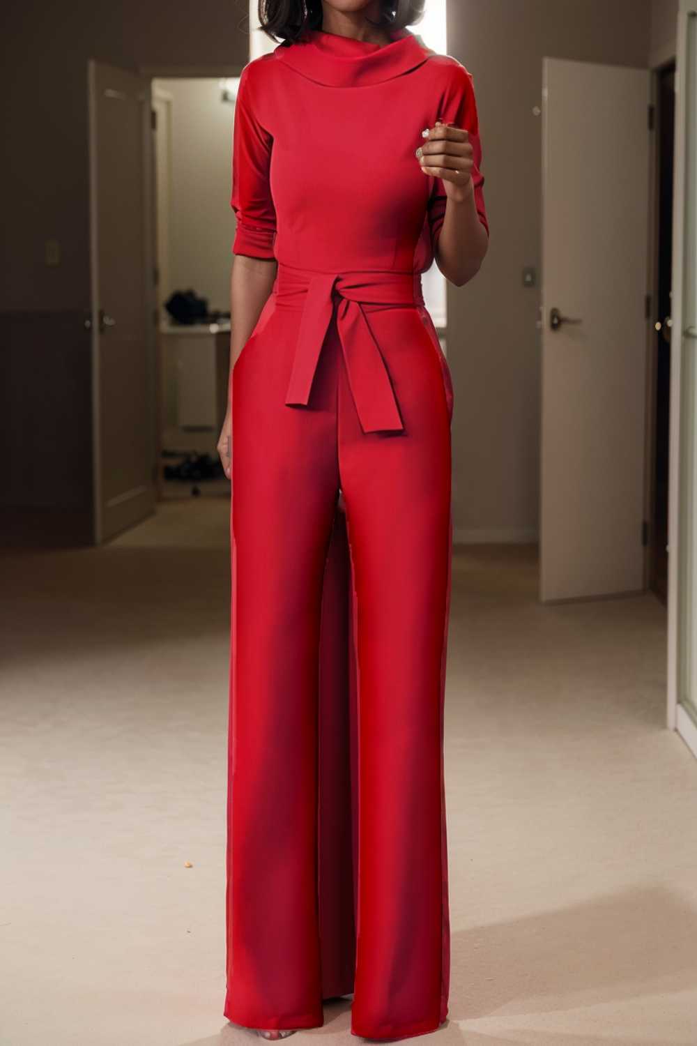 solid five point sleeve belted wide leg jumpsuit 108085