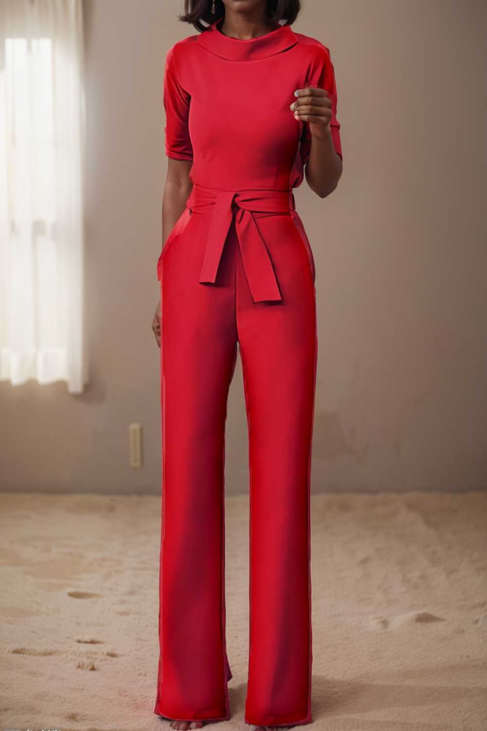 solid five point sleeve belted wide leg jumpsuit 108084