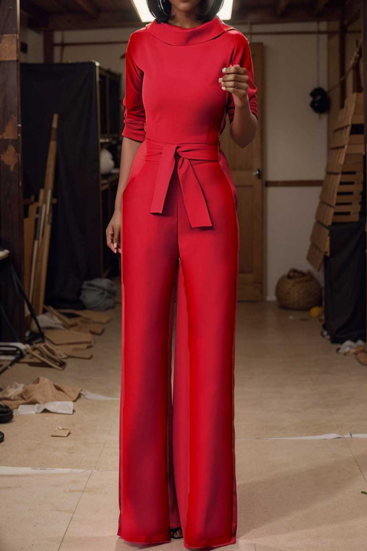 solid five point sleeve belted wide leg jumpsuit 108083