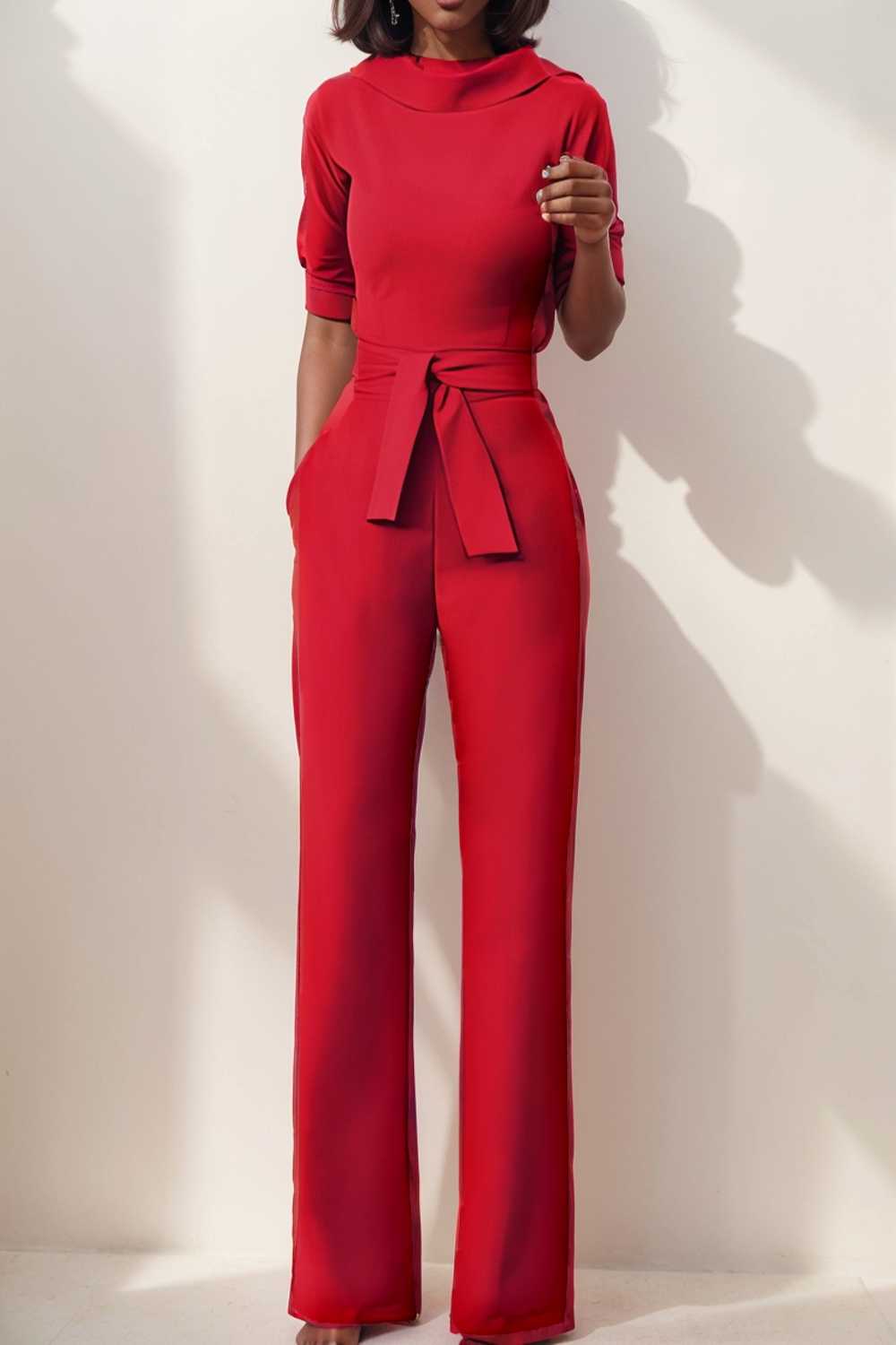 solid five point sleeve belted wide leg jumpsuit 108061
