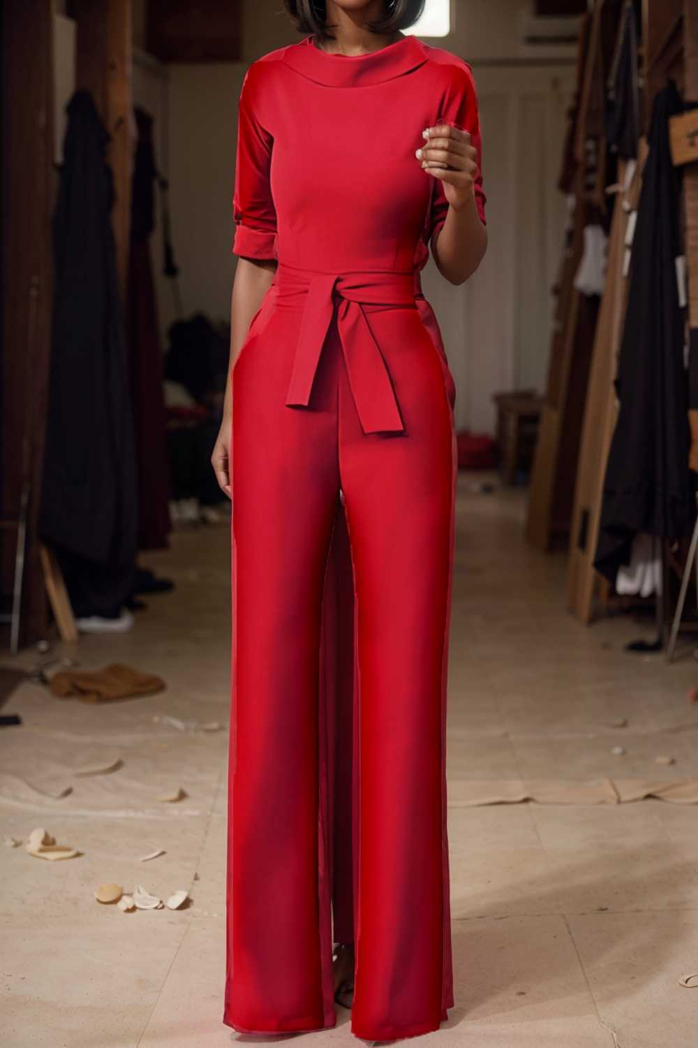 solid five point sleeve belted wide leg jumpsuit 108060