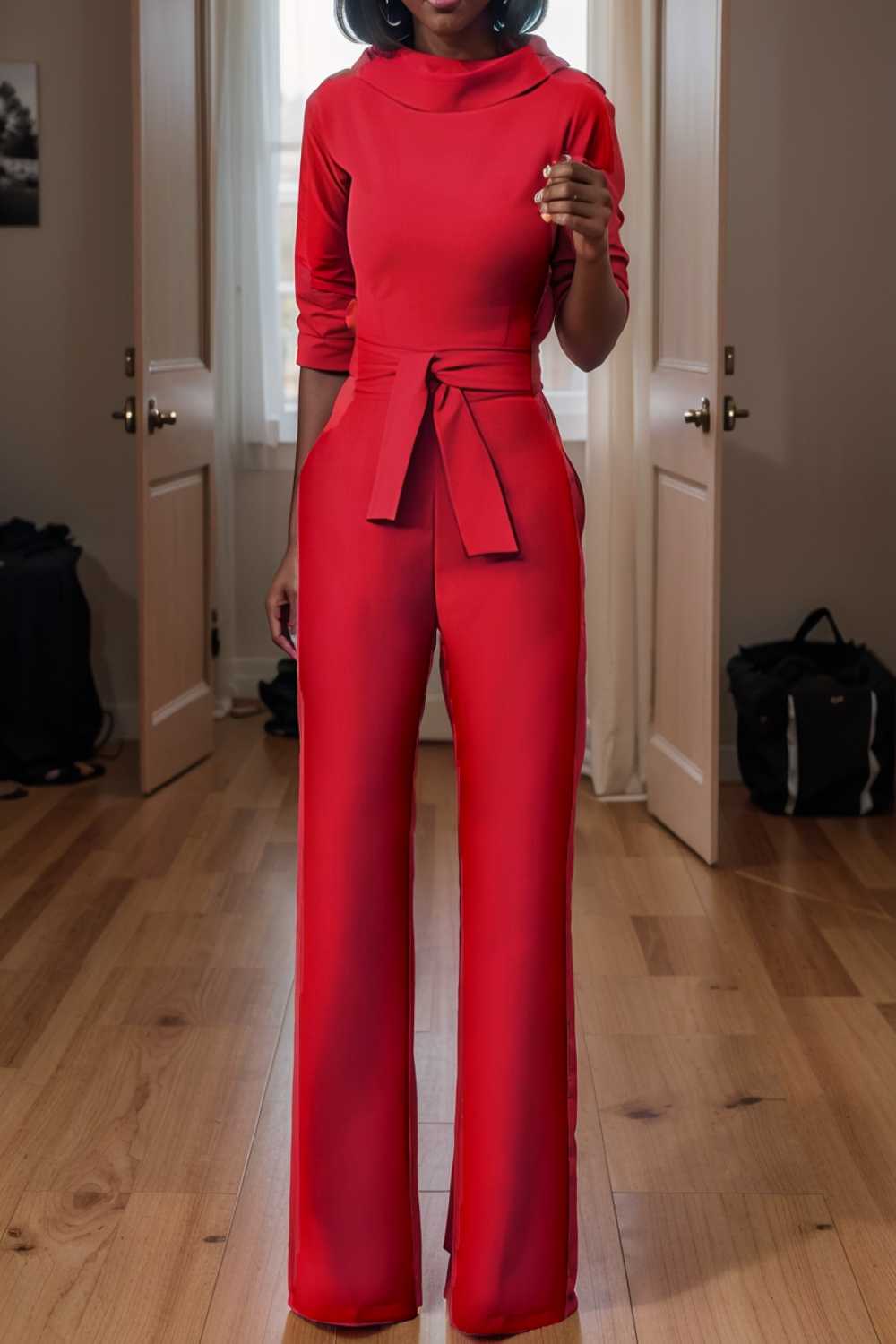 solid five point sleeve belted wide leg jumpsuit 108058