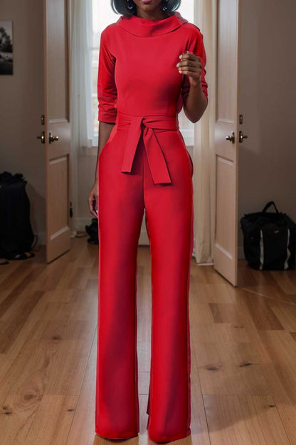 solid five point sleeve belted wide leg jumpsuit 108058