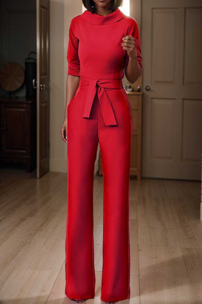 solid five point sleeve belted wide leg jumpsuit 108055
