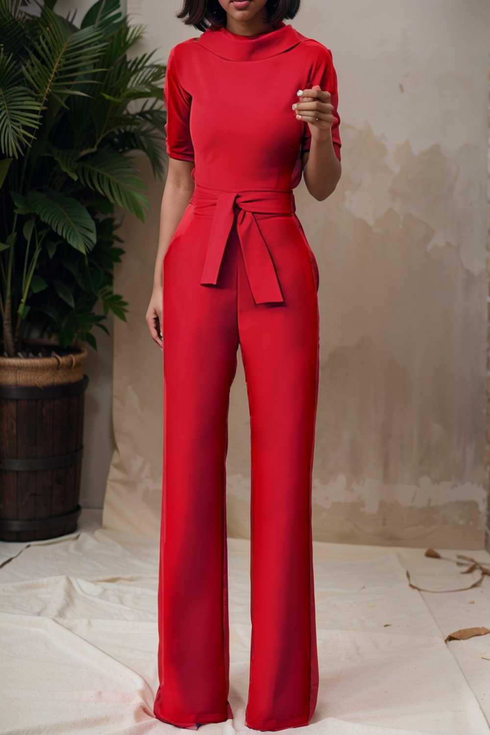 solid five point sleeve belted wide leg jumpsuit 108053