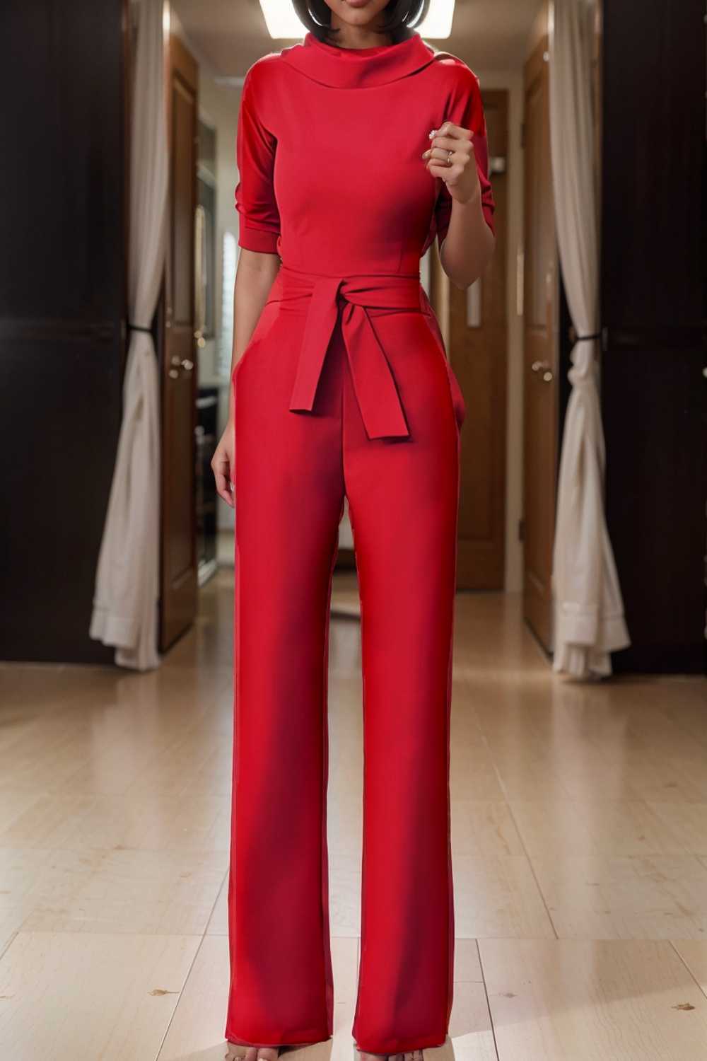 solid five point sleeve belted wide leg jumpsuit 108052