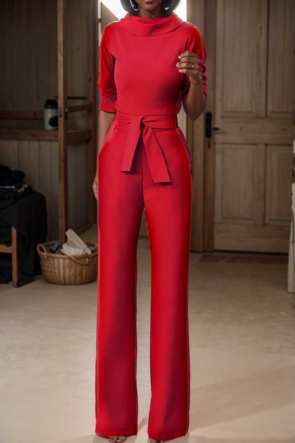 solid five point sleeve belted wide leg jumpsuit 108051