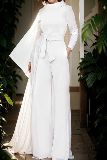 solid five point sleeve belted wide leg jumpsuit 108048