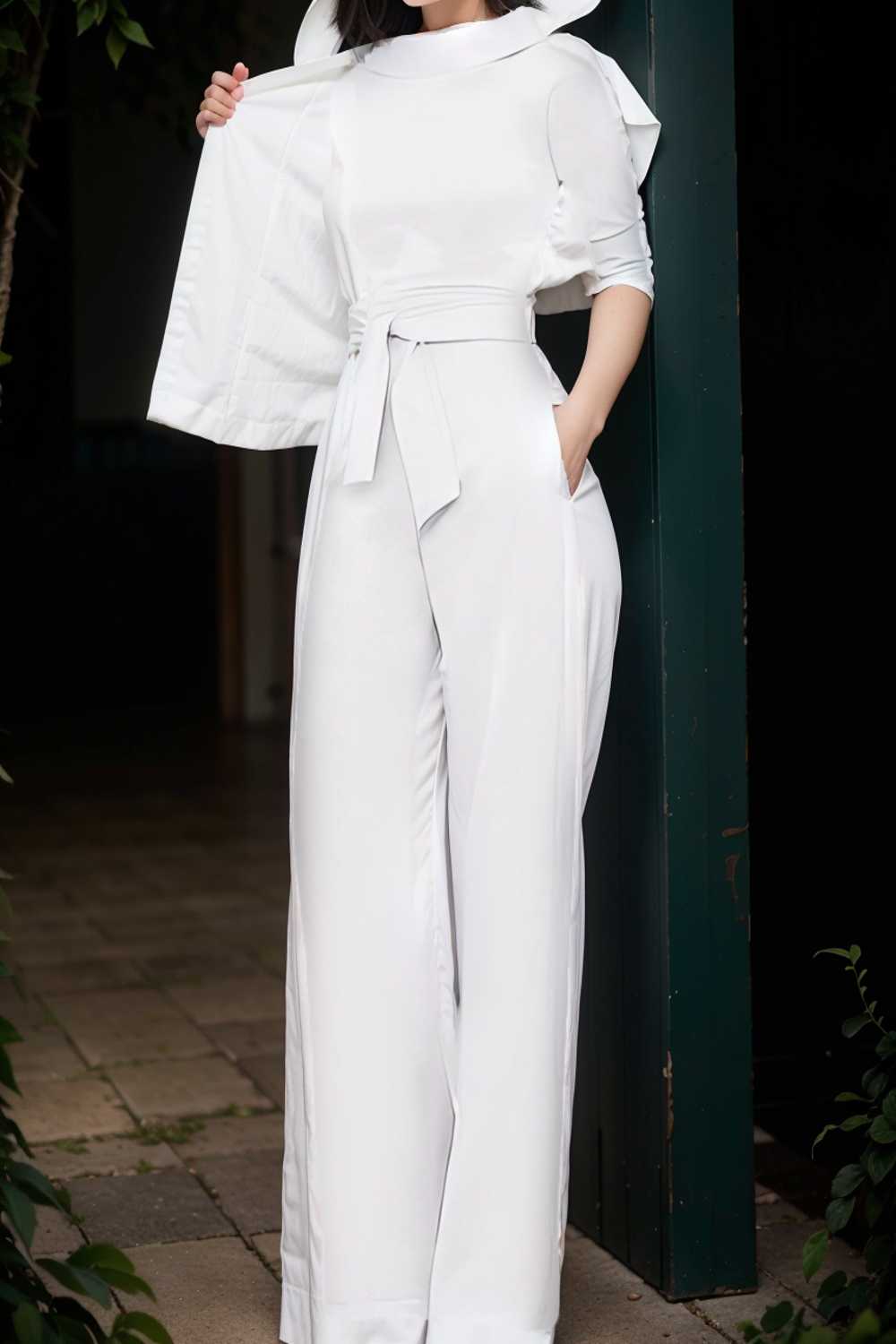 solid five point sleeve belted wide leg jumpsuit 110297