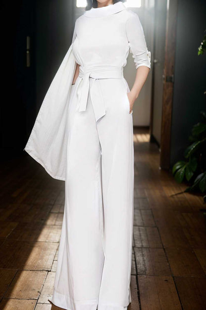 solid five point sleeve belted wide leg jumpsuit 108417
