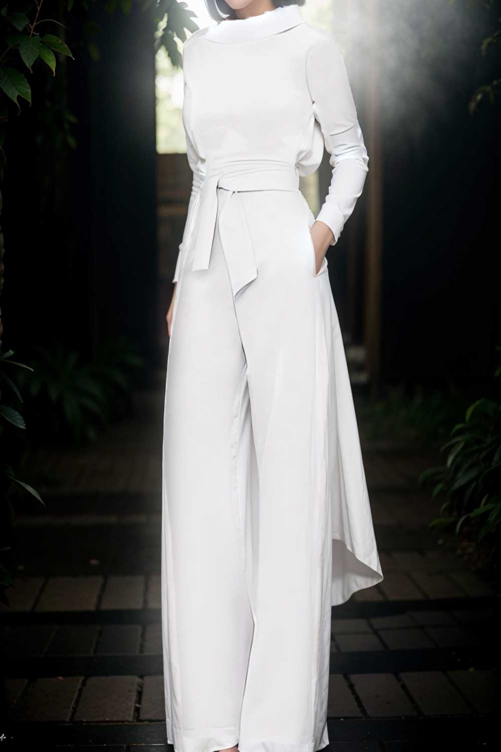 solid five point sleeve belted wide leg jumpsuit 108047