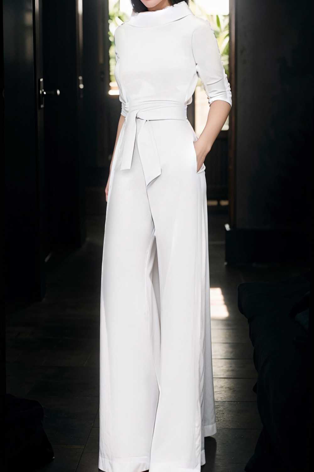 solid five point sleeve belted wide leg jumpsuit 108416