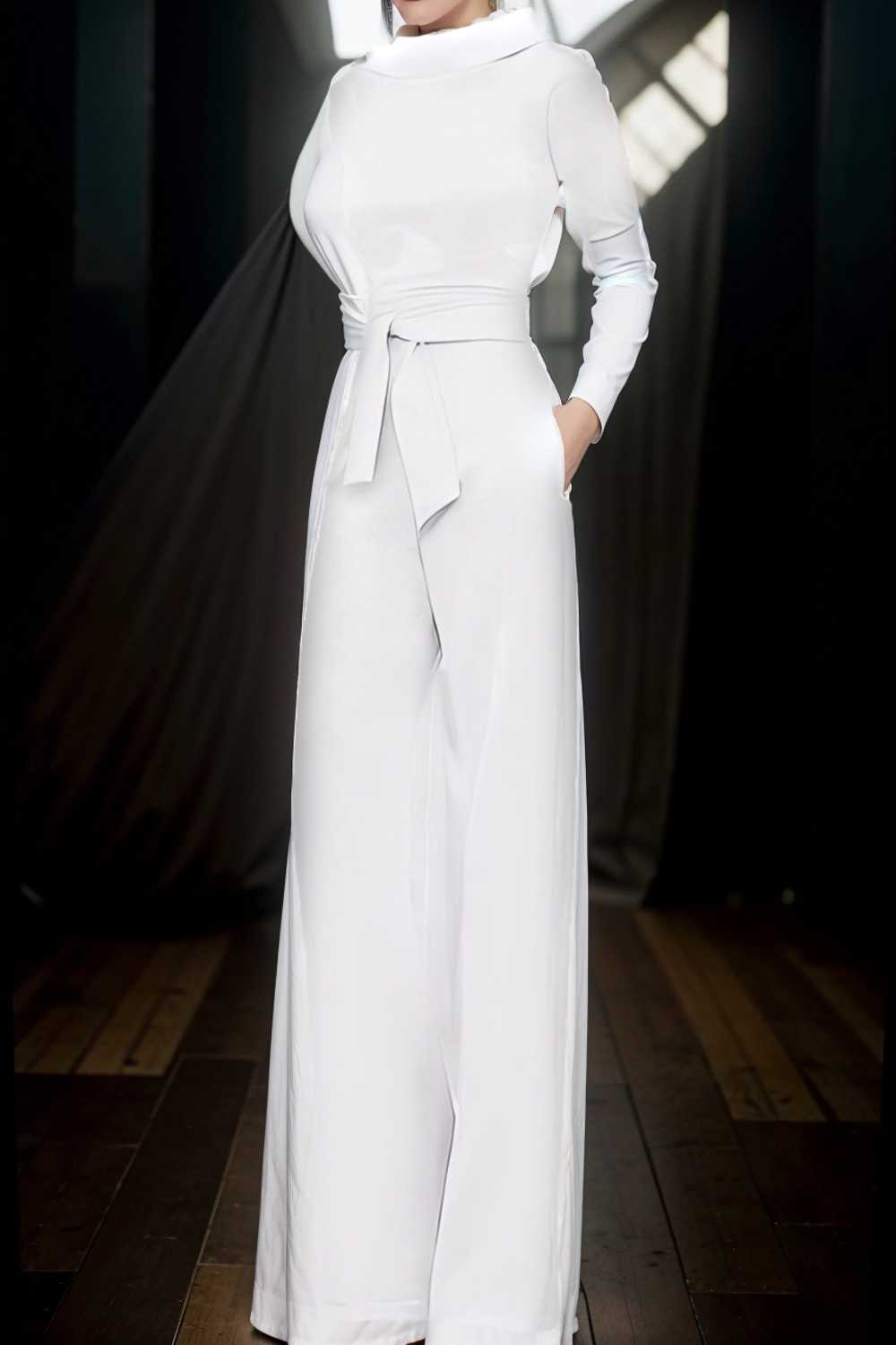 solid five point sleeve belted wide leg jumpsuit 108045